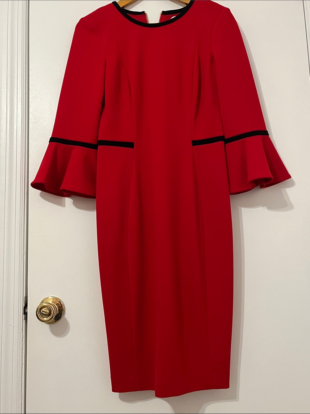 Calvin Klein Red Long-Sleeve Sheath Dress with Black Trim